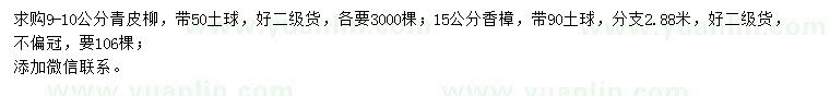 求購9-10公分青皮柳、15公分香樟