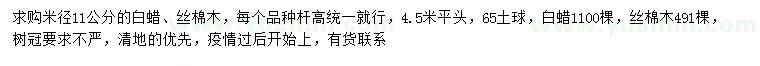 求購米徑11公分的白蠟、絲棉木