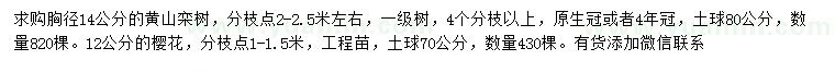求購胸徑14公分黃山欒樹、12公分櫻花