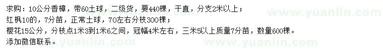 求購香樟、紅楓、櫻花