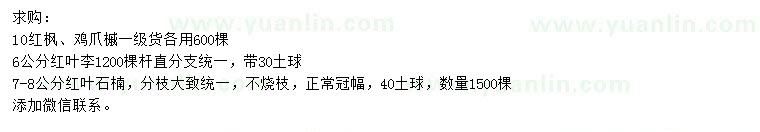 求購(gòu)紅楓、雞爪槭、紅葉李等