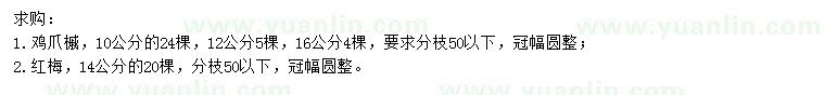 求購10、12、16公分雞爪槭、14公分紅梅