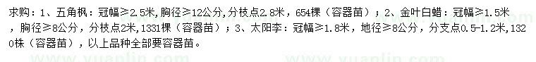 求購五角楓、金葉白蠟、太陽李