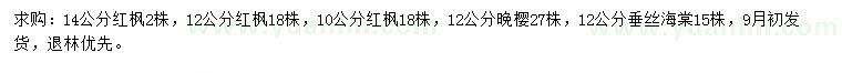 求購紅楓、晚櫻、垂絲海棠
