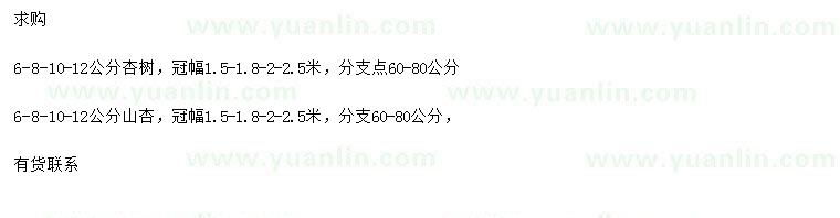 求購6-8-10-12公分杏樹、山杏