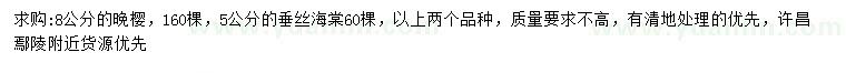 求購8公分晚櫻、5公分垂絲海棠