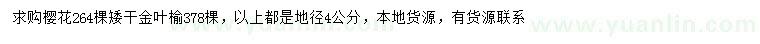 求購地徑4公分櫻花、金葉榆