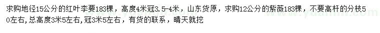 求購地徑15公分紅葉李、12公分紫薇