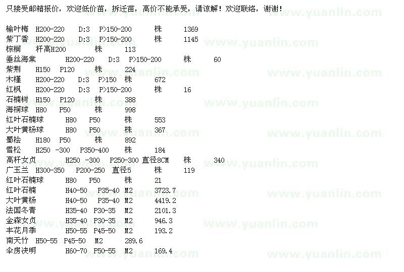 求购榆叶梅、紫丁香、棕榈等