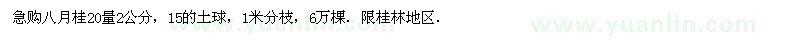 求购八月桂20量2公分，15的土球，1米分枝 