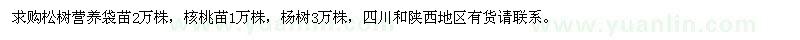 求购松树营养袋苗2万株，核桃苗1万株，杨树3万株 