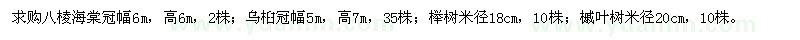 求购八棱海棠冠幅6m，榉树米径18cm，槭叶树米径20cm 