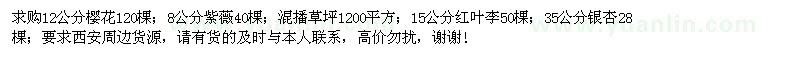 求购樱花、紫薇、混播草坪、红叶李、银杏