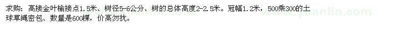 求购高接金叶榆接点1.5米、树径5-6公分 