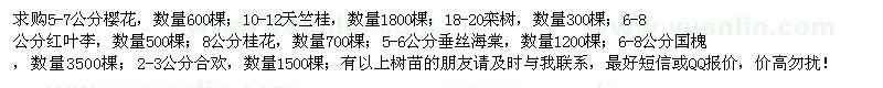 求购樱花、天竺桂、栾树、红叶李等苗木