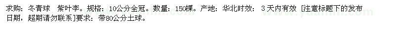 求购冬青球 紫叶李10公分全冠 150棵