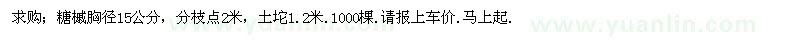 求购糖槭胸径15公分，分枝点2米，土坨1.2米 