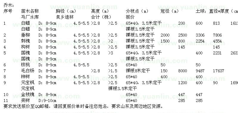 求购白蜡、垂柳、刺槐、枸树、元宝枫等苗木