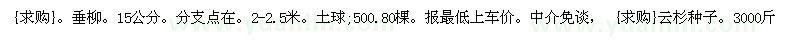 求购垂柳15公分、云杉种子3000斤