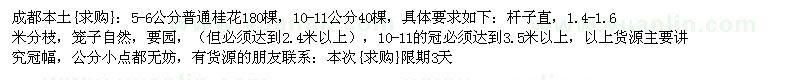 求购成都本土：5-6公分普通桂花180棵，10-11公分40棵