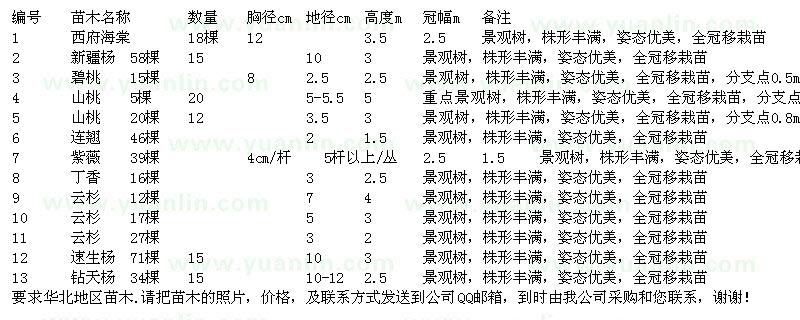 求购西府海棠、新疆杨、碧桃、山桃、连翘、丁香、云杉等工程苗木