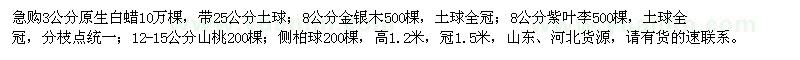 求购白蜡、金银木、紫叶李、山桃、侧柏球