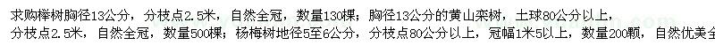 求购榉树、黄山栾树、杨梅树