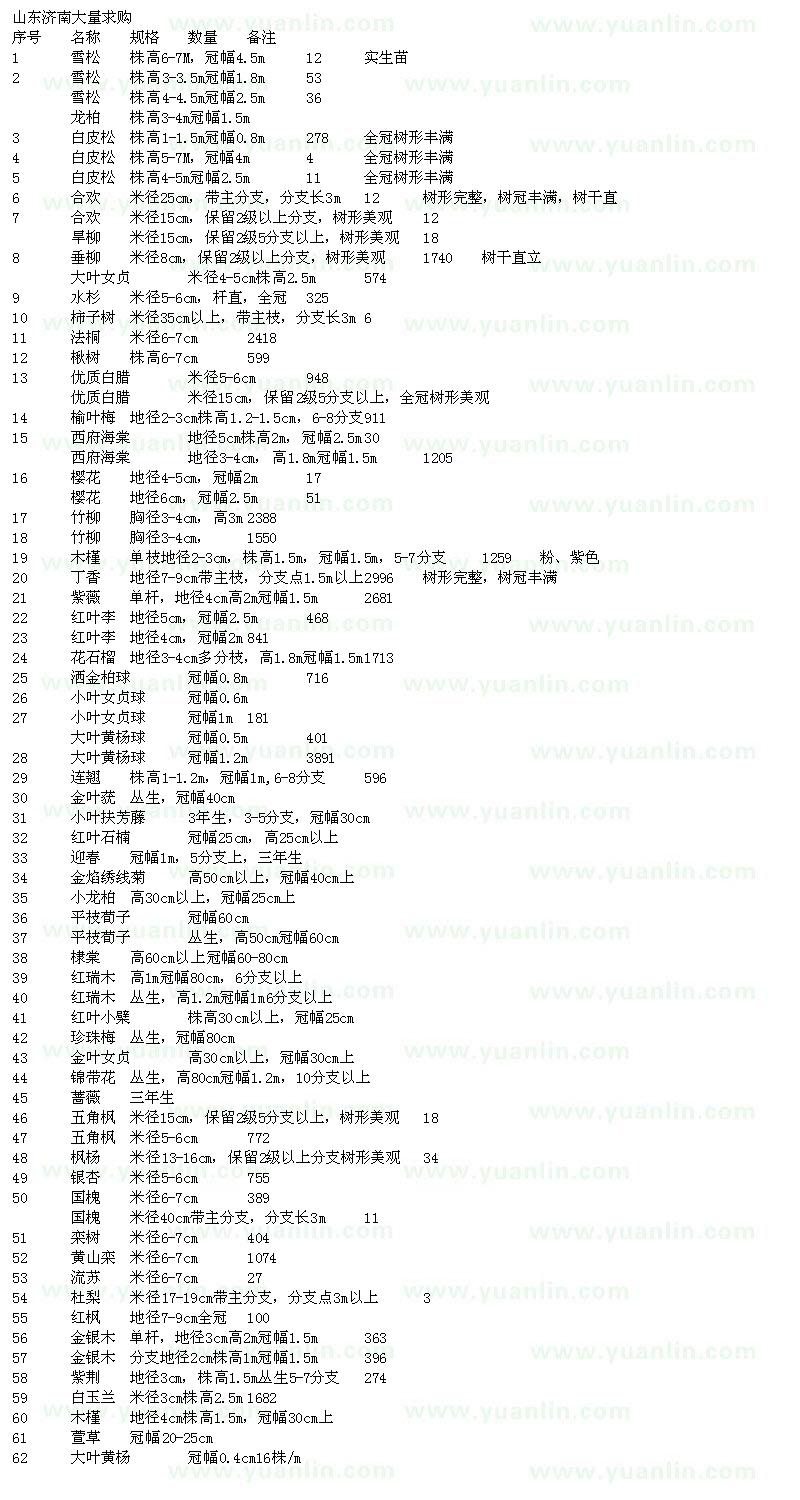 求购雪松、龙柏、白皮松、合欢等苗木求购单