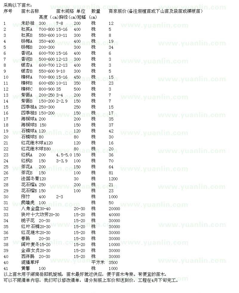 求购朱砂桂、杜英、杨梅、香泡等苗木求购单