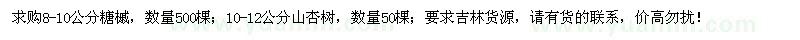 求购8-10公分糖槭、10-12公分山杏树