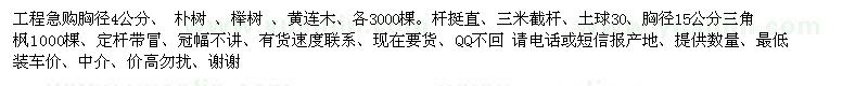 求购朴树、黄连木、榉树各3000棵、三角枫1000棵