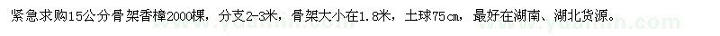 求购15公分骨架香樟2000棵