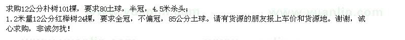 求购12公分朴树、12公分红榉树