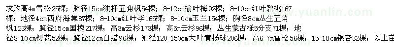 求购雪松、五角枫、榆叶梅、红叶碧桃等苗木