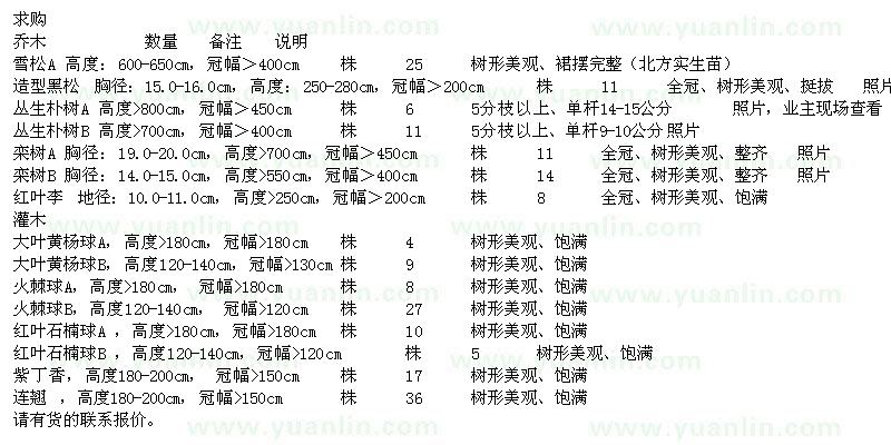 求购雪松、栾树、红叶李等