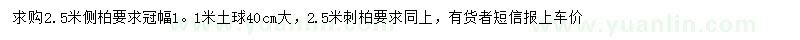 求购2.5米侧柏、刺柏