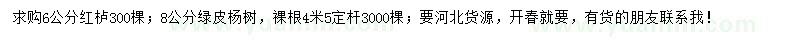 求购6公分红栌、8公分绿皮杨树