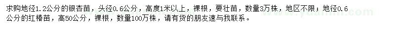 求购地径1.2公分银杏苗、0.6公分红椿苗