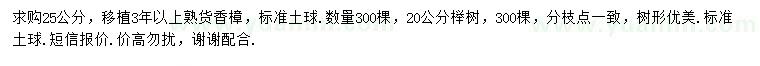 求购25公分香樟、20公分榉树