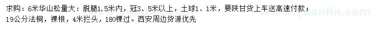 求购6米华山松、19公分法桐