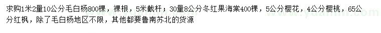 求购毛白杨、冬红海棠、樱桃等