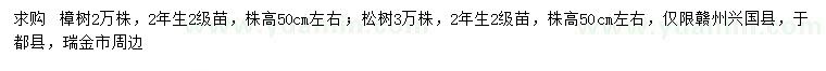 求购高50公分樟树、松树