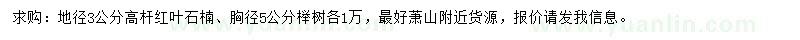 求购地径3公分高杆红叶石楠、胸径5公分榉树  