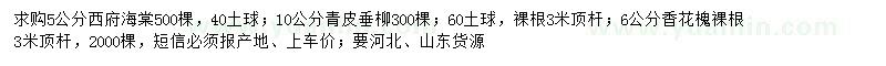 求购西府海棠、青皮垂柳、香花槐