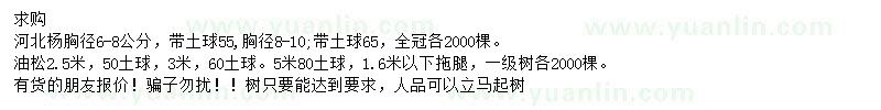 求购胸径6-8公分河北杨、2.5米油松