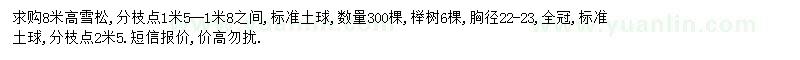 求购高8米雪松、胸径22-23榉树