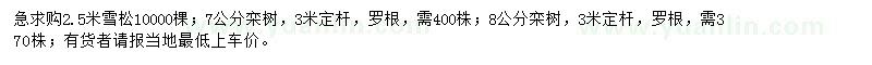 求购2.5米雪松、7、8公分栾树