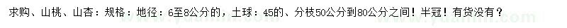 求购地径6-8公分山桃、山杏