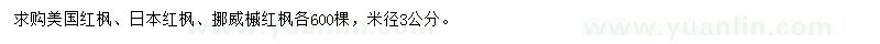 求购美国红枫、日本红枫、挪威槭红枫