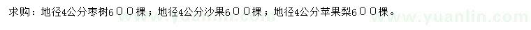 求购地径4公分枣树、沙果、苹果梨